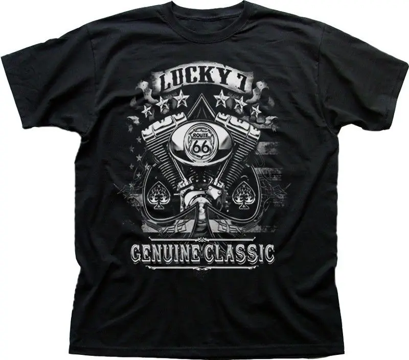 

Lucky 7 Route 66 American Classic Harley twin mototrcycle black t-shirt FN9426