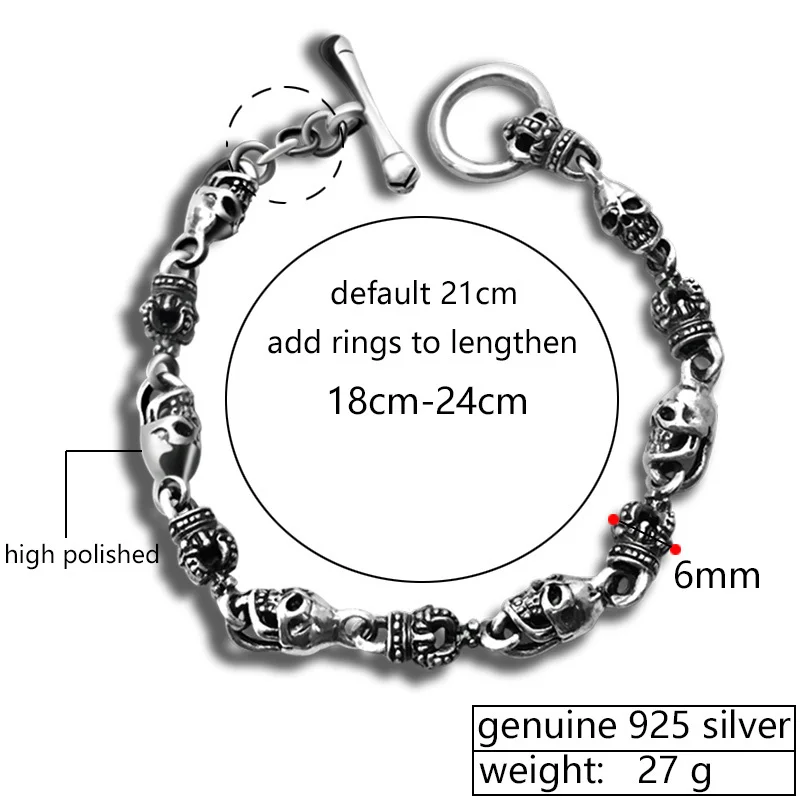 Роскошные браслеты ZABRA из серебра 925 пробы, мужские винтажные панк-короны, мужские браслеты с черепом, байкерские готические ювелирные изделия из стерлингового серебра Erkek Bileklik
