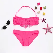 Детский пляжный купальник, детский летний однотонный набор бикини кисточки купальный костюм для девочек Купальник купальная одежда для плавания