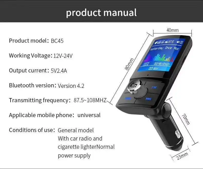 Автомобильное зарядное устройство BC45 lcd Bluetooth fm-передатчик беспроводной модулятор громкой связи автомобильный комплект MP3-плеер двойной USB зарядное устройство
