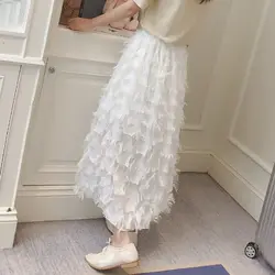 2018 новые летние женские перо белые юбки all-матч-line высокой талией Длинные Элегантная Дамская офисная обувь кисточкой юбки наивысшего