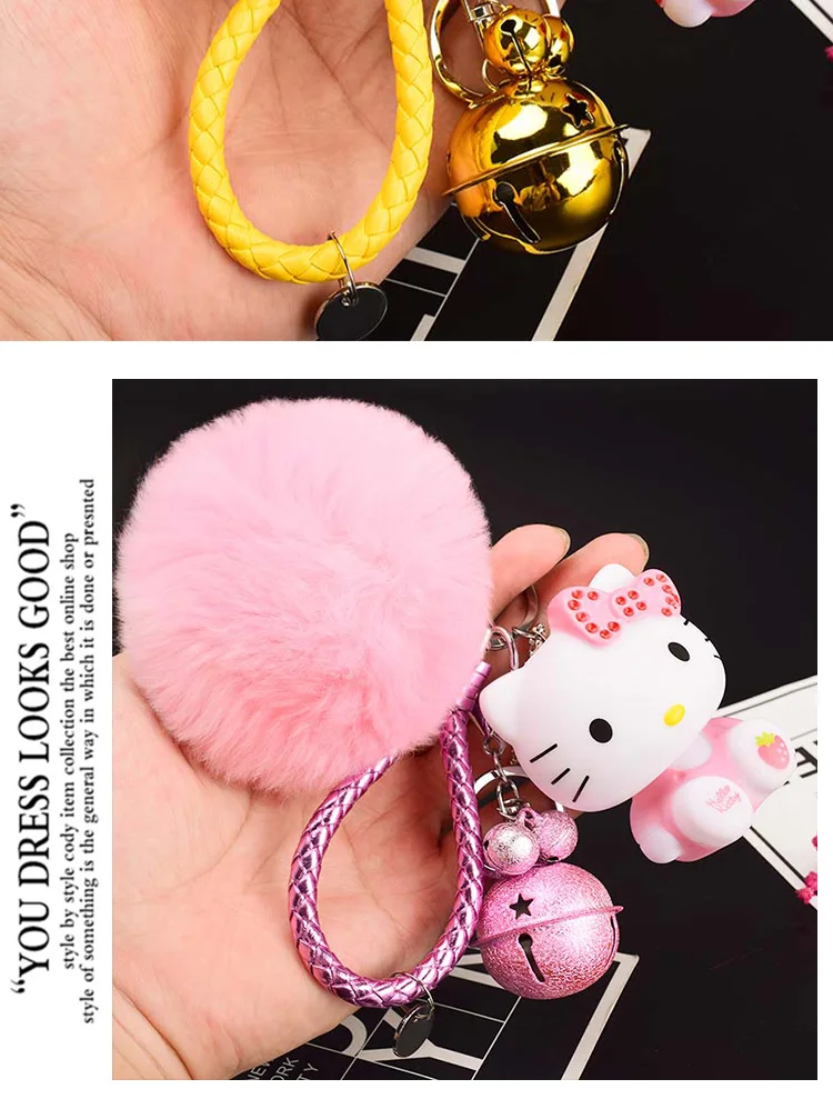 Милый мультфильм hello kitty Кролик Мех Шар помпон подвески-Помпоны ремешок для женщин металлические брелки-цепочки автомобиля сумка Шарм D151