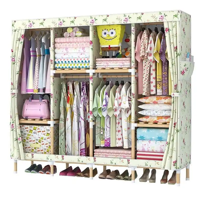 Portable Double Hanger Assembly Adult Canvas Closet Simple Closet Solid Wood Folding Wardrobe Closet Storage Bedroom Furniture