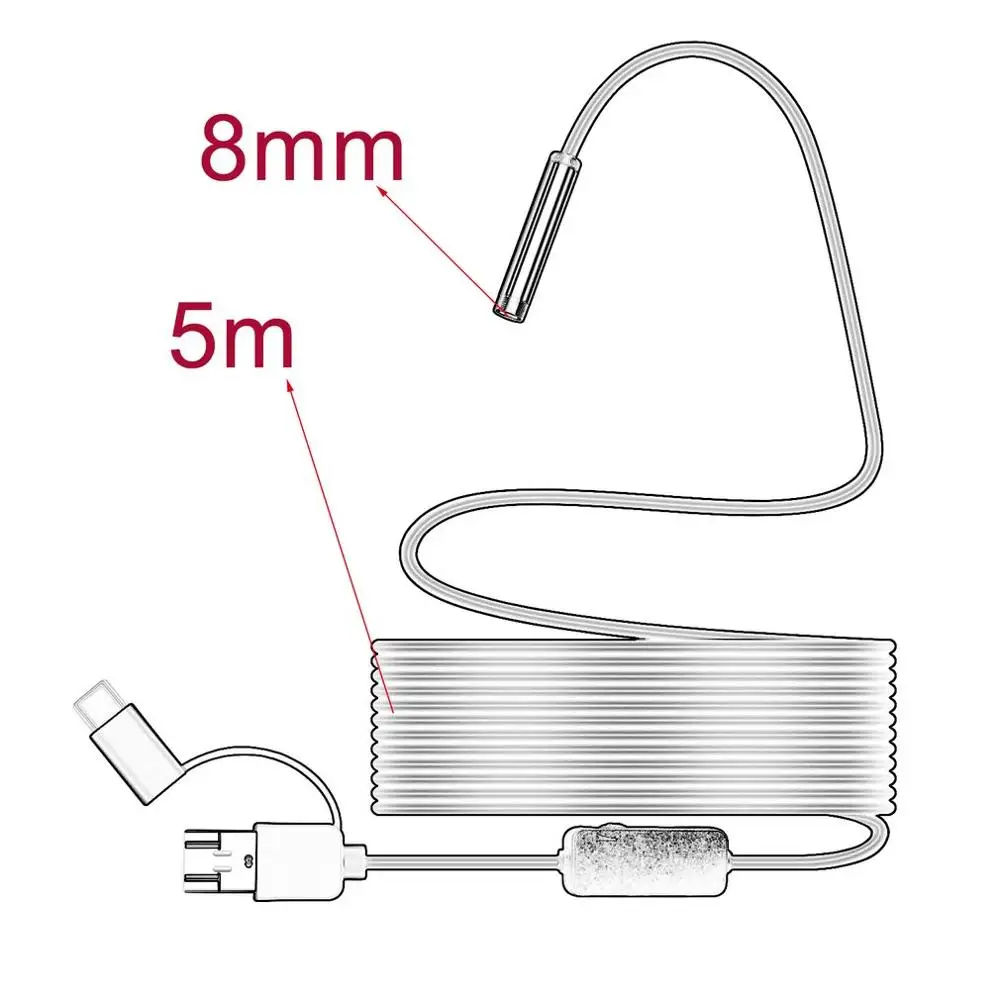 IP68 1200 P Android 8 мм, Micro-USB Тип с портом типа c 3-в-1 электронный эндоскоп бороскоп трубка Водонепроницаемый USB инспекции Спортивная мини-видеокамера на Камера - Цвет: 5m soft wire