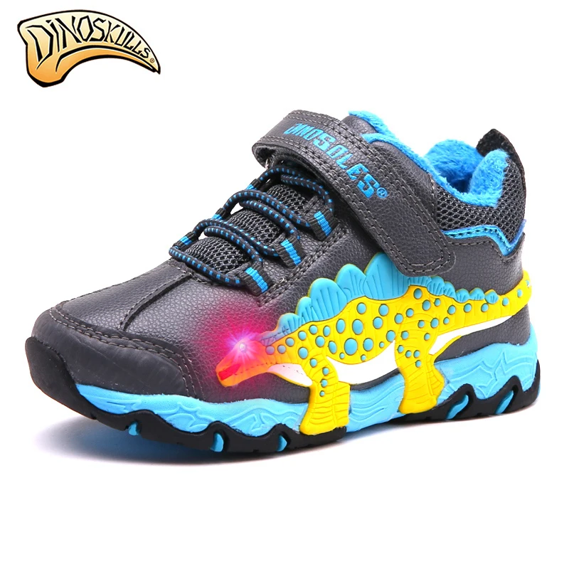 Dinoskulls/детские ботинки для мальчиков; детская зимняя теплая обувь; флисовая зимняя обувь; туфли со светодиодной подсветкой для мальчиков; зимние ботинки; botas 27-34