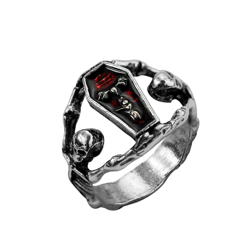 Mens Boys Gothic Vampire Skeleton Skull Bloody Red Enamel Coffin Stainless Steel Ring Biker Jewelry US size 7-12 Halloween gift