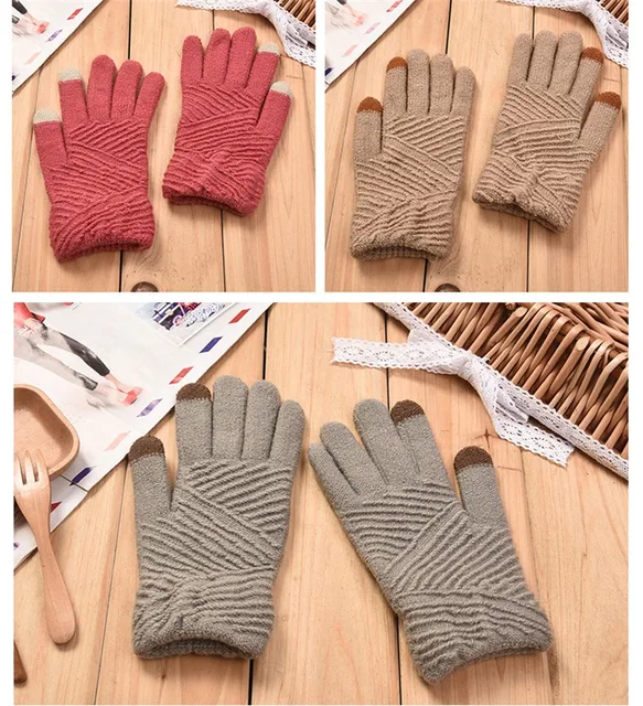 Women Gloves Winter Woolen Knitted Gloves Touch Screen Mittens Keep Warm Female Winter Full Finger Stripe Gloves Fashion Autumn -