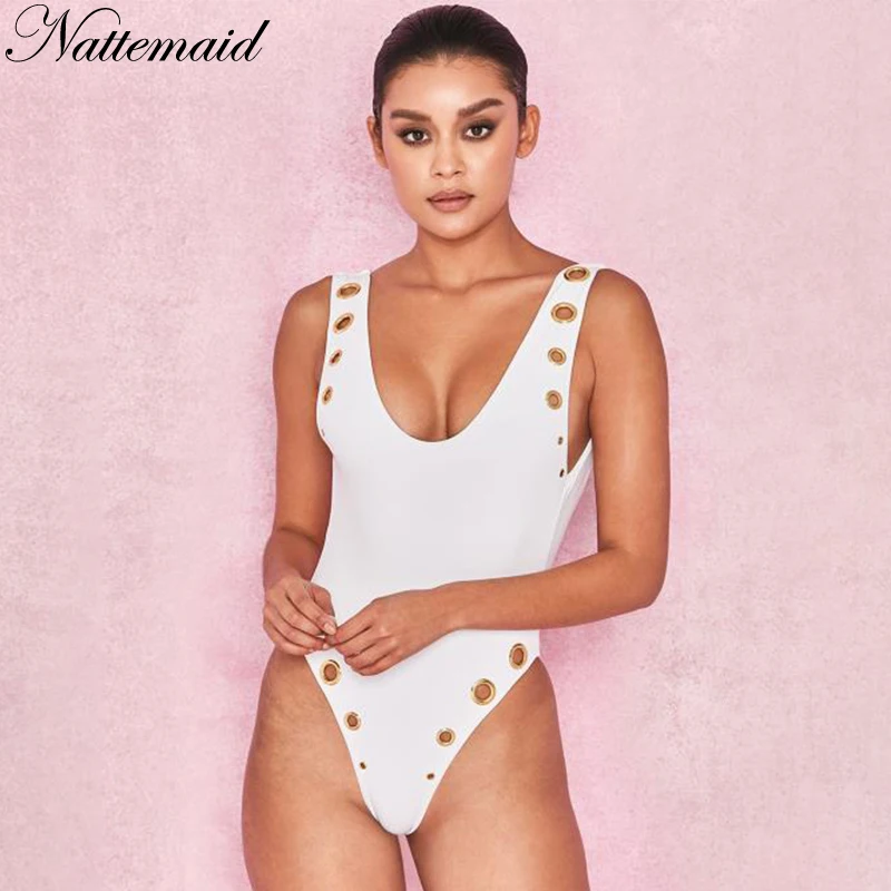 NATTEMAID Sleeveless V Neck Sequin Bodysuit 2018 Summer White Black