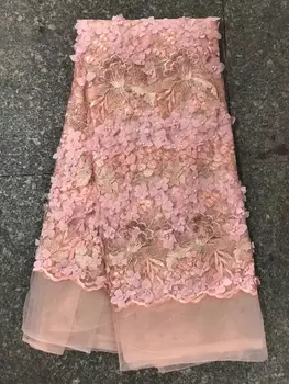

High Quality African Tulle Lace Fabric 2017 Peach African French Lace Material Embroidery 3d Flower Fabric With Beaded Wedding