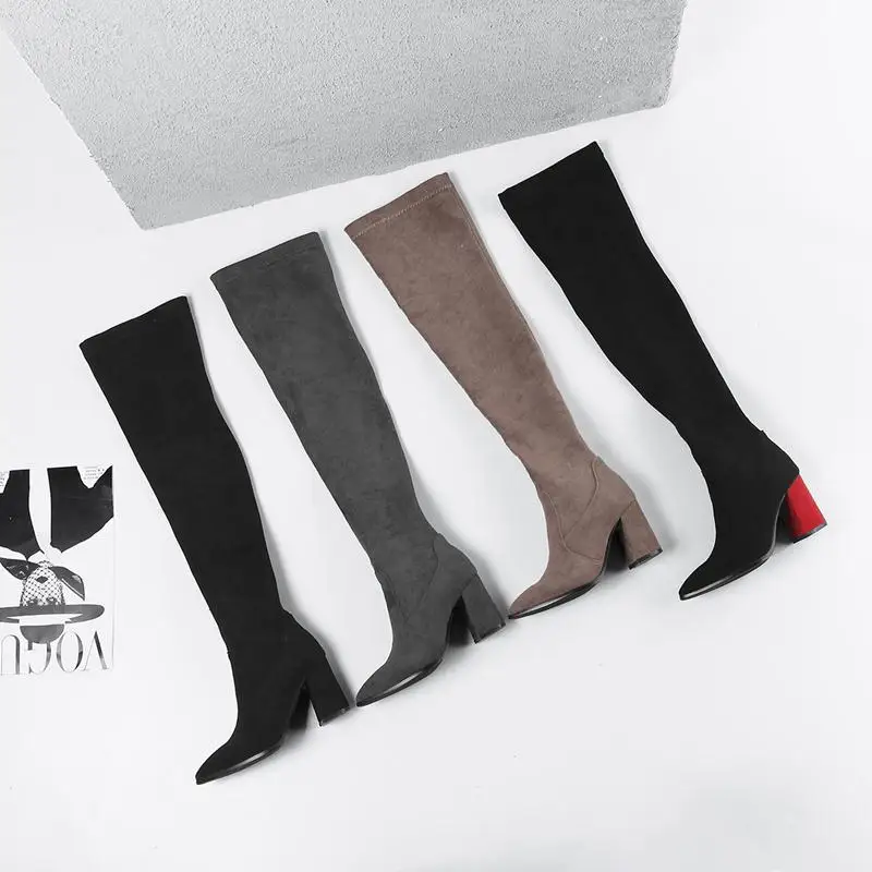 Cena MORAZORA nowy 2019 Slim Over buty do kolan kobiety sztuczny zamsz zakolanówki buty Stretch buty zimowe moda damska długie botki