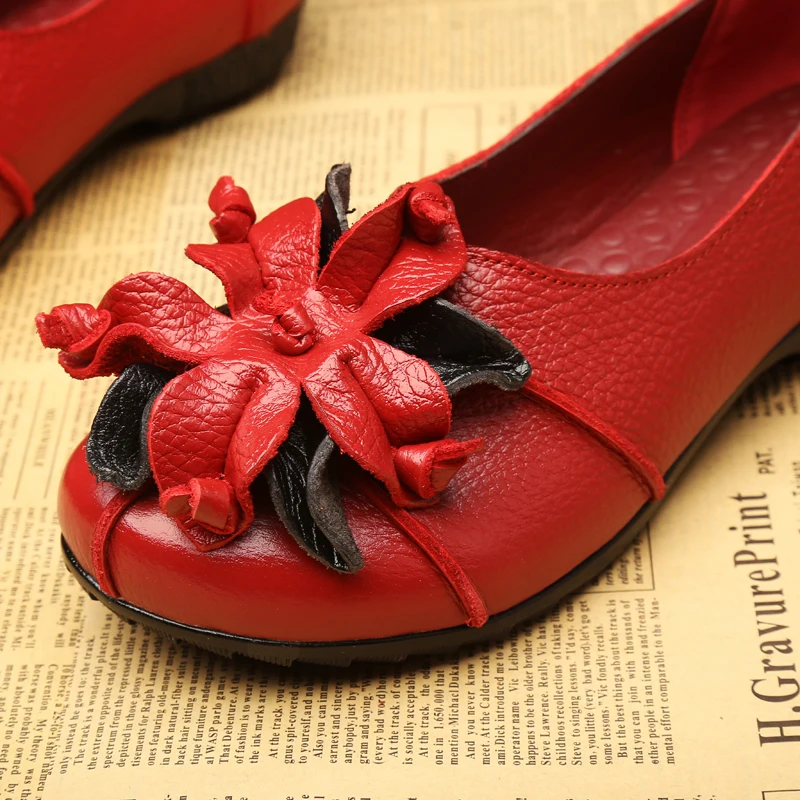 Cuir Noir rouge vert À Chaussures Femmes Beckywalk jaune En Femme Ballet Fleurs Wsh2941 Style La National Occasionnels Véritable D'été Main Rétro Appartements Plat qxFwAH4