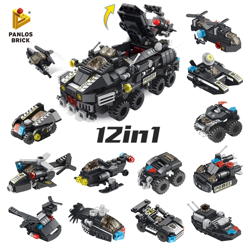 

572PCS SWAT Armored Car 12in1 Combat Aircraft Police Boat E-dog Submarine Hummingbird Snake Robot Fun Building Block Toy For Kid