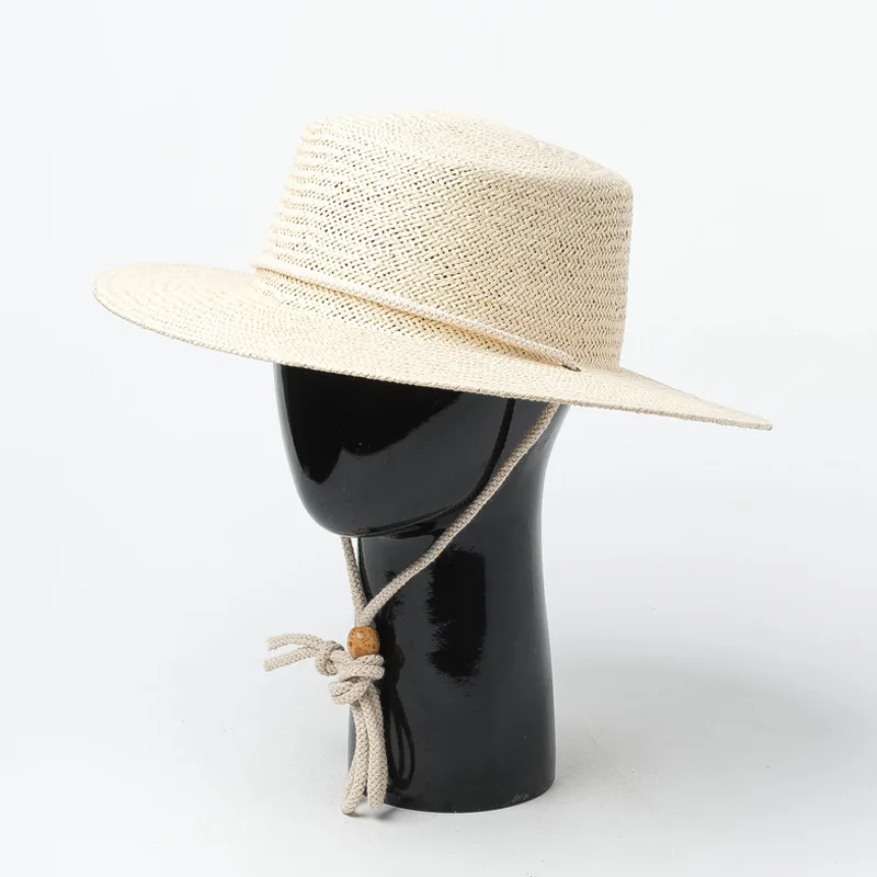 New Hand-woven Seaweed Flat-top Papyrus Tether adjustment Hat for Men Women Outdoor Travel Sunscreen Beach Shade Beach Sun Hats