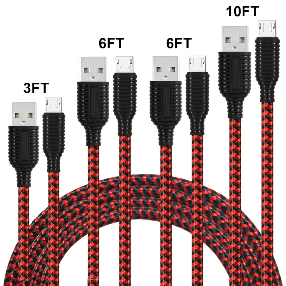 Pack of 4 Cable Nylon Braided Micro USB 2.0 Charging Cables For Android Devices(3FT/6FT/10FT
