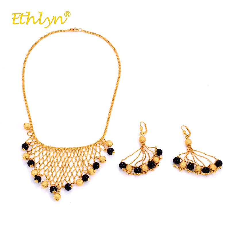 

Ethlyn Africa/the Middle East/Ethiopia Wedding Jewelry Set for Women with Black Acrylic Beads Hollow Mesh Necklace/Earrings 2PCS
