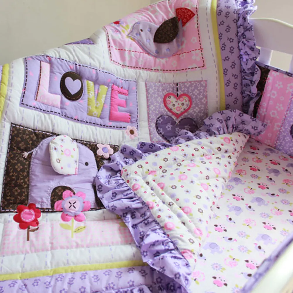 5 шт./компл. Комплект постельного белья фиолетовый хлопок детская кровать для мальчиков и девочек дети мультфильм вышивка кроватки