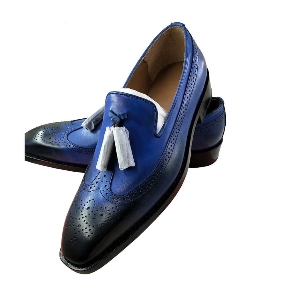 Leder Loafers Patina Quasten Kleid Mit Für Männer Wohnungen Sipriks Auf Luxus Flügelspitze Klassische Leafers Schuhe Geschnitzt brown Blau Beleg Blau qApctgw