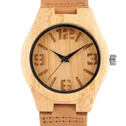 Уникальный ручной натурального бамбука Вуд Часы Для мужчин номера циферблат коричневый Творческий lightweigh Человек Кварц-часы аналоговые