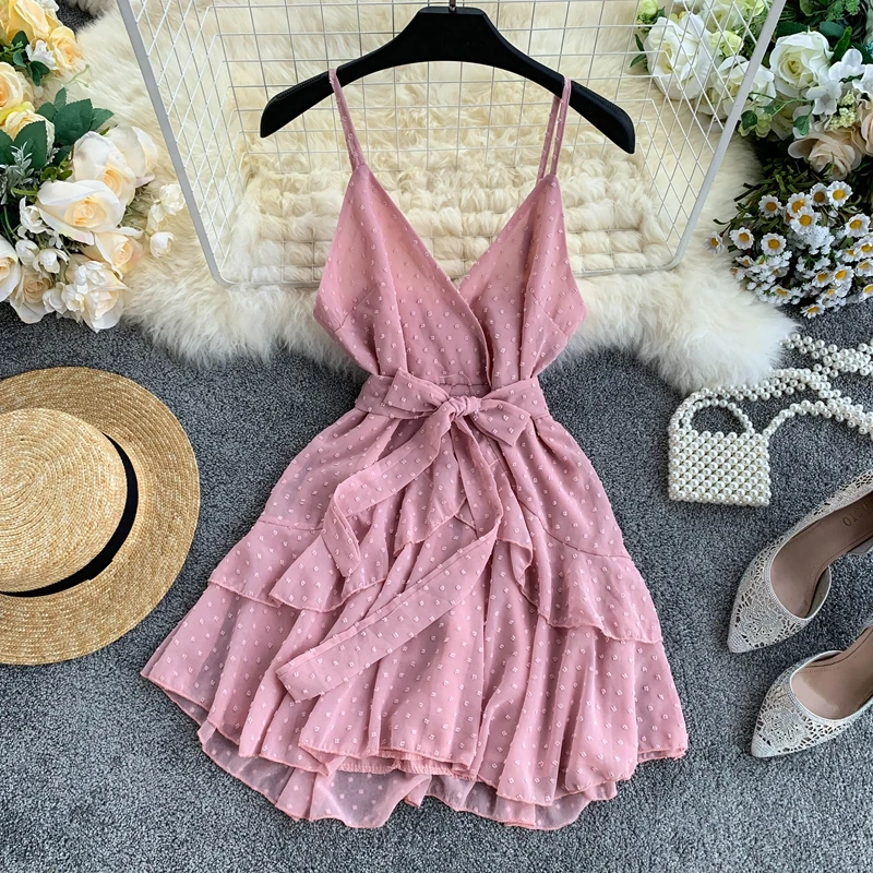 

2019 new fashion women's Dress female summer high waist sexy leaky strap ruffled chiffon dresses tide