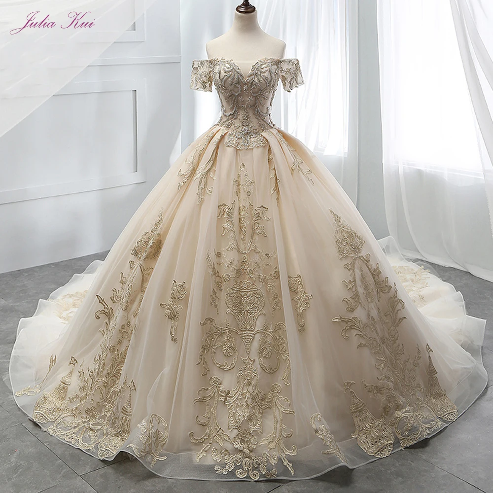 Julia Kui Vintage Silver Beading Chapel Train Sweetheart Neckline
