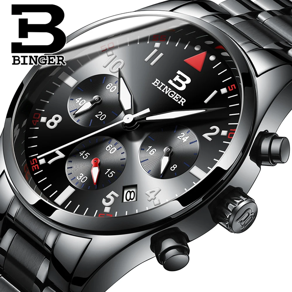 

Relogio Masculino New Men Watches Waterproof Male Sport Quartz Watch Business Fashion Military Steel Black BINGER Wristwatch