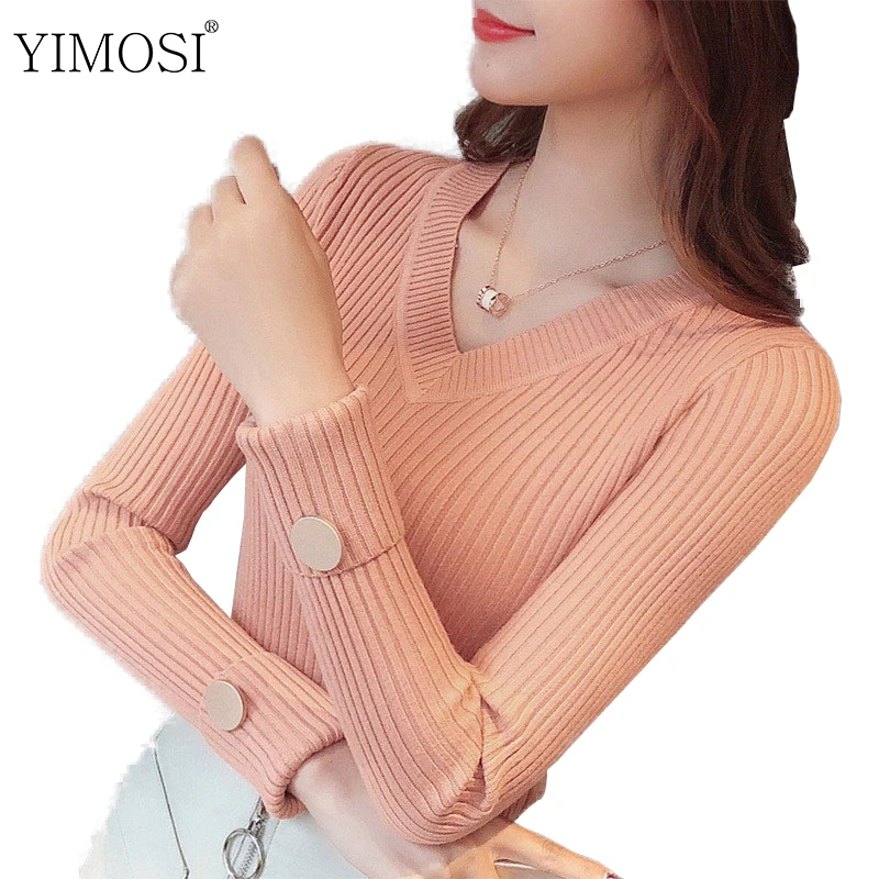 Autumn Women Knitted Sweaters Casual Long Sleeve V-Neck Solid Slim Pullover 2019 Korean Vintage Female Highly Elastic Jumper | Женская
