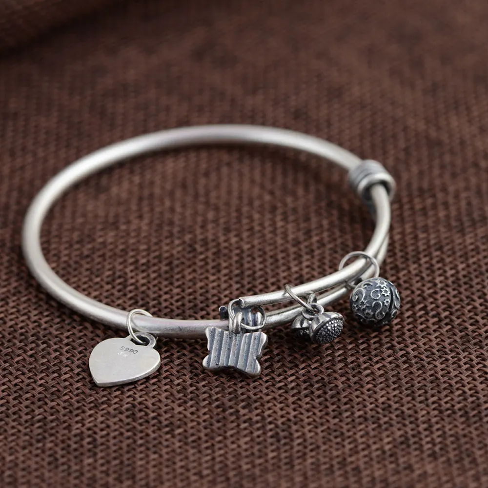 925 Silver Heart Charm Bangle Fashion Vintage Open Size Diameter 56mm