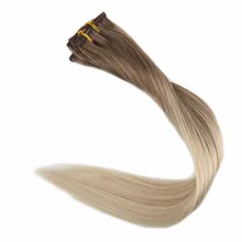 Full Shine Clip In Human Hair Extensions Ombre Color#8 Ash Brown Fading To 60 Platinum Blonde 7Pcs 50g 100% Remy Hair Clip Ins