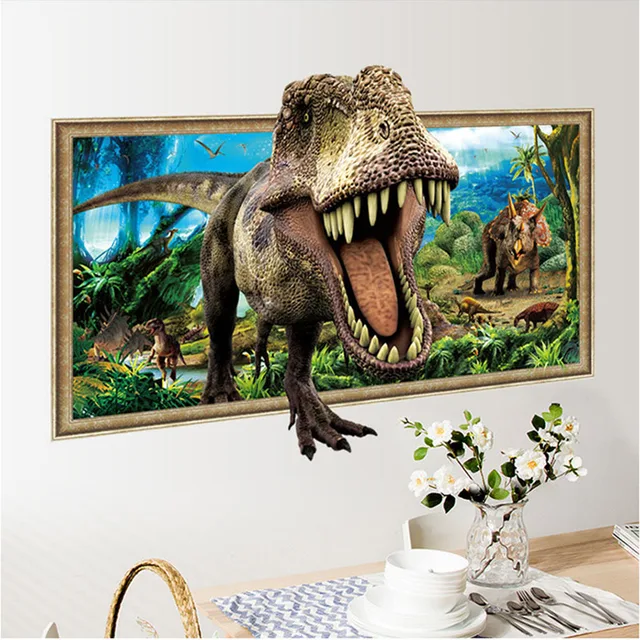 3d simulation photo frame dinosaur wall stickers for kids rooms home