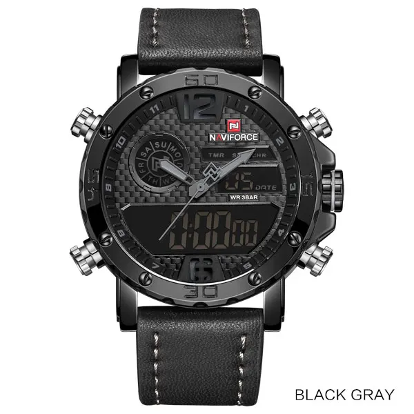 Модные часы NAVIFORCE, мужские, люксовый бренд, кварцевые наручные часы, мужские, повседневные, кожа, 30 м, водонепроницаемые, двойной дисплей, Relogio Masculino - Цвет: Black Gray