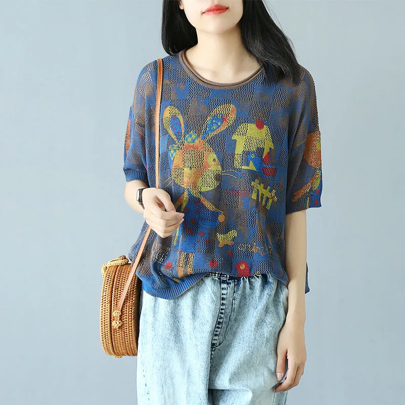 

Casual Summer Style Linen Cotton Hollow Out Women Tshirt Loose Knitted Pullovers Loose Thin Cartoon T Shirts Round Neck Harajuku