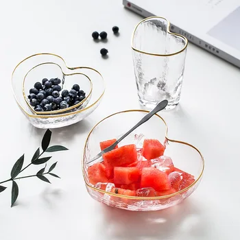 

Heart Shaped Glass Bowl Mug Golden Edge Transparent Crystal Bowl Breakfast Fruit Salad Bowl Household Dinnerware 1PCS