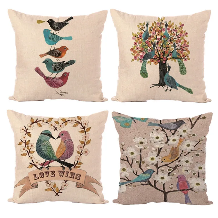 Cute Birds Cushion Covers Cushion Cover Beige Linen Pillow Case K19in