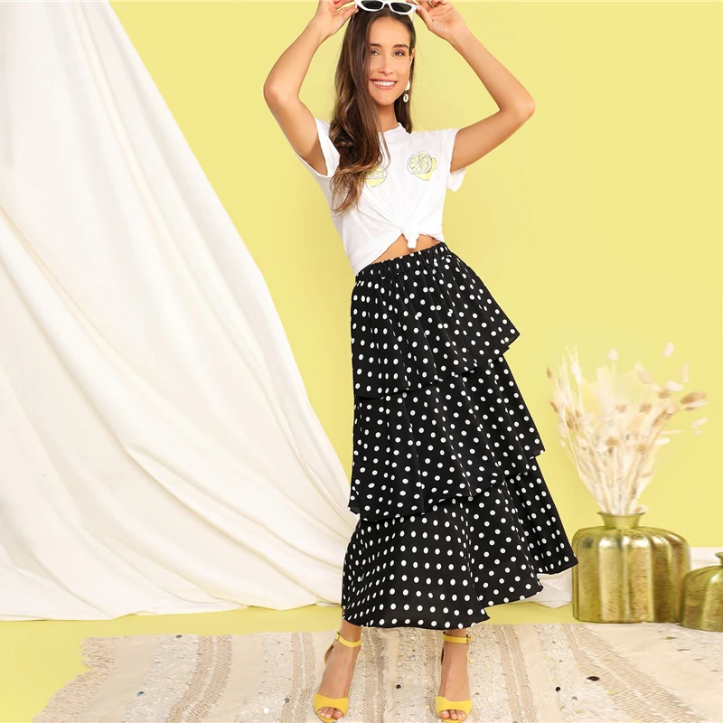 SHEIN Юбка С Оборкой В Горошек Женская Черная Демисезонная Юбка, Повседневная Длинная Юбка