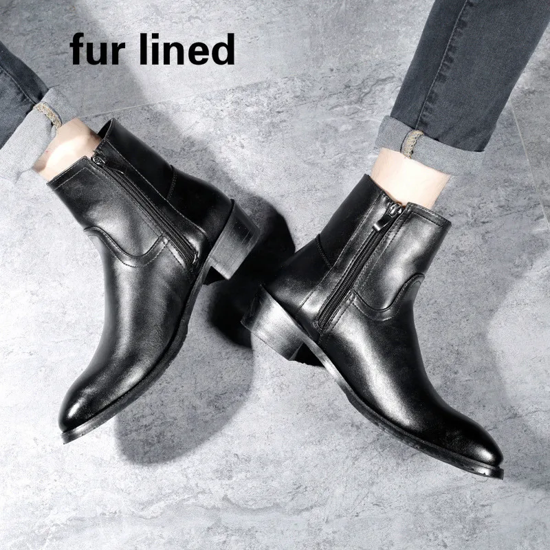 fur black Большие размеры 37-46 размера плюс Для мужчин обувь Челси к любому черного цвета из натуральной кожи; острый носок; Мужская зимняя обувь на меху; Теплая обувь Для мужчин на молнии - Цвет: fur black