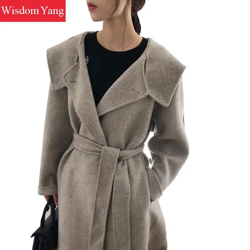 

Winter Coat Womens Real Sheep Wool Cashmere Coats Grey Blue Elegant Autumn Warm Hooded Long Woolen Overcoat Casual Outerwear