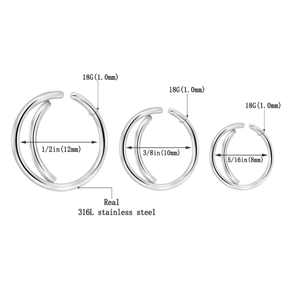GAGABODY 18G 2 шт. хирургическая Сталь луна нос кольцо обруч ноздрей кольца 8/10/12 мм уютно кольца для пирсинга перегородки носа пирсинг серебро/золото/розовое золото
