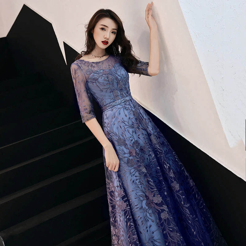 Lace Evening Dresses Long 2019 Elegant O-neck A-line Floor-Length Formal Evening Gown With Sleeves Plus Size Formal Dress Lace Evening Dresses Long 2019 Elegant O-neck A-line Floor-Length Formal Evening Gown With Sleeves Plus Size Formal Dress
