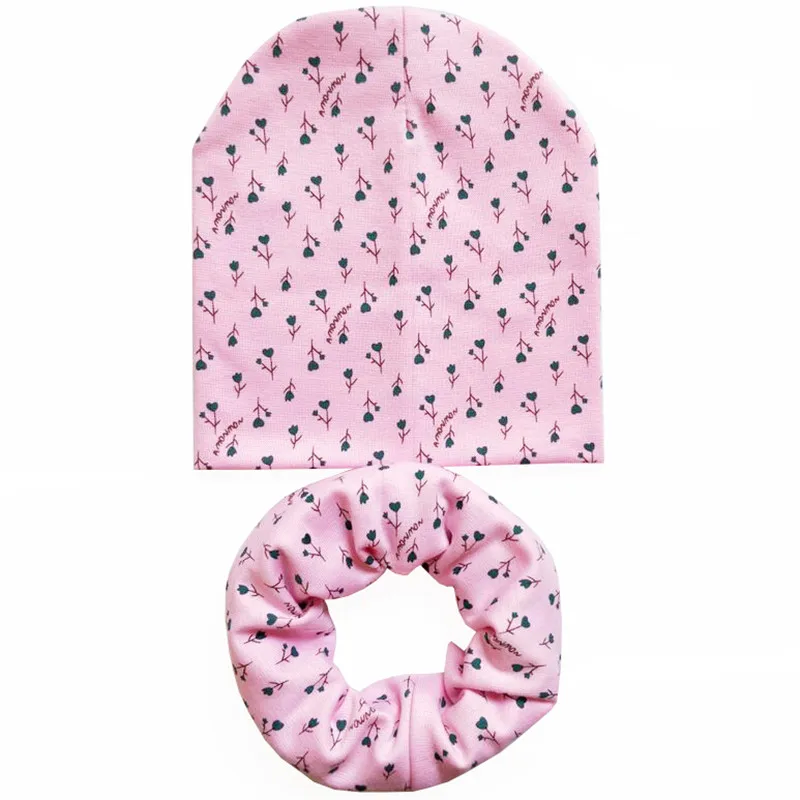 pink floral set Новинка года; сезон весна-осень; хлопковая шапка для маленьких девочек; шарф с цветочным принтом со звездой; вязаная шапка для мальчиков; Детские шапочки; шапка; шарф; детская шапка - Цвет: pink floral set