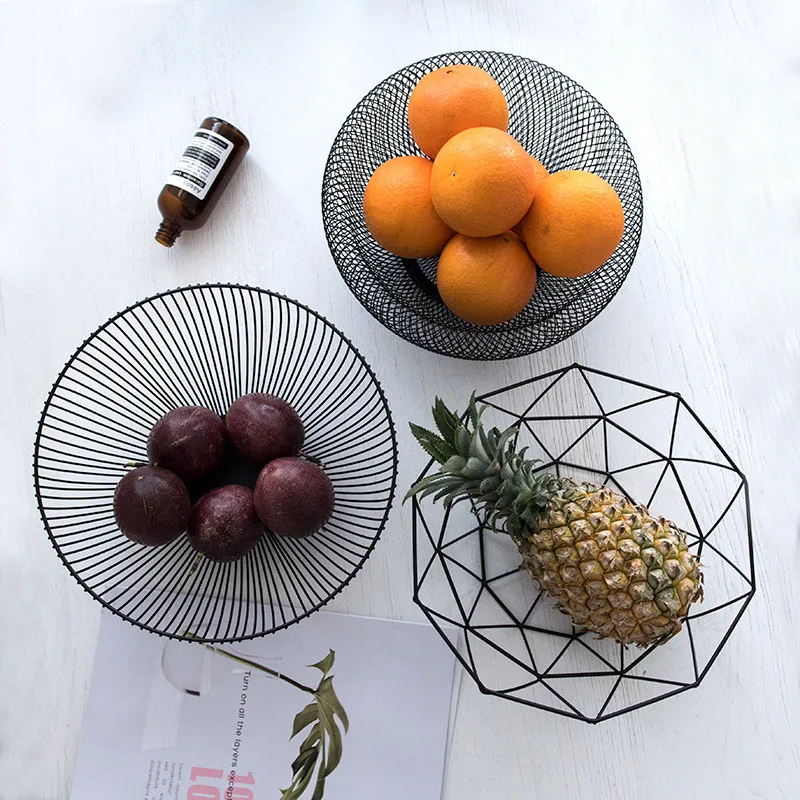 Storage Basket Nordic Wrought Iron Wire Hollow Round Desktop Snack Fruit Bowl