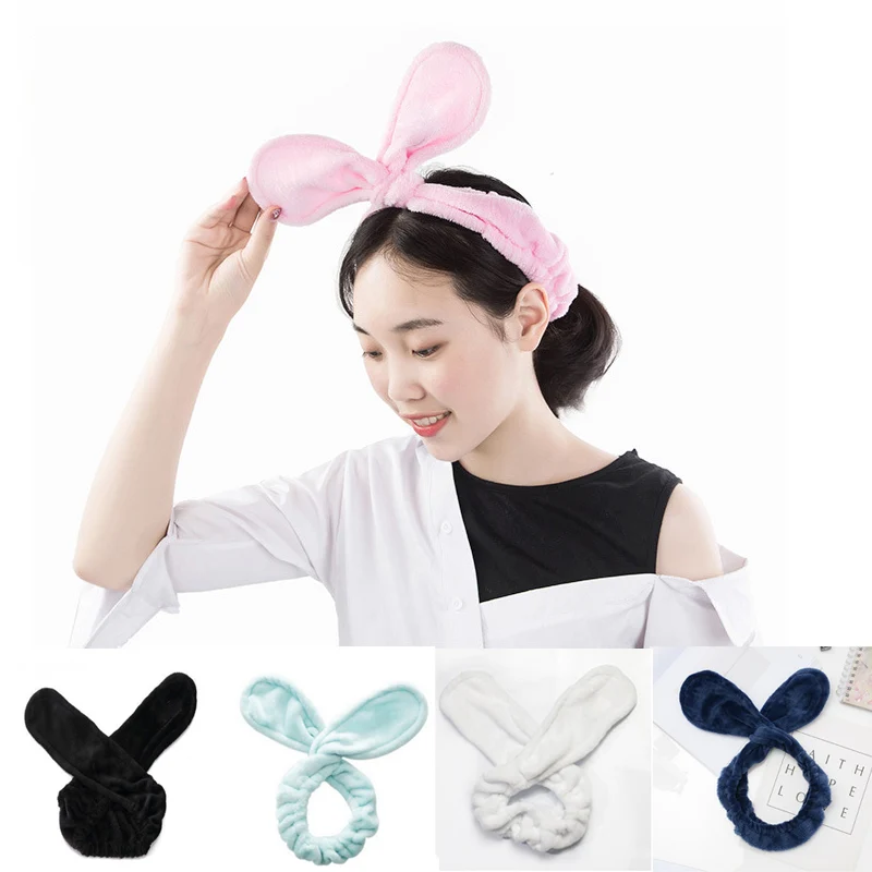 Cute Bunny  Ears Hairbands Women Soft Coral Velvet Wash Face Headband Girl Makeup Shower Spa Headband Fashion Elastic Hair Band 1pc velvet elastic bunny ears spa wash face makeup facial hair band rabbit ears headbands hairbands hair accessories headwear