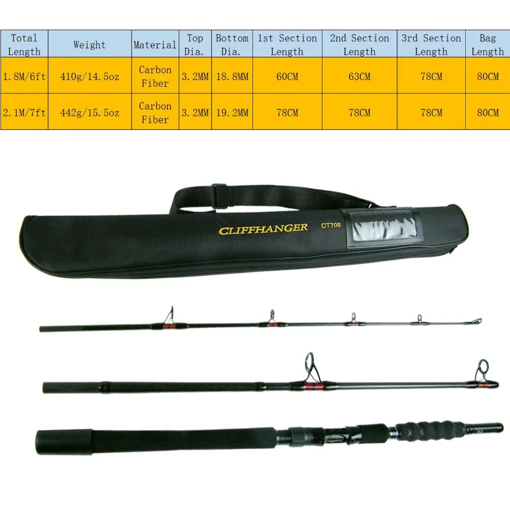 1.8m/2.1m Heavy Duty Boat Rod Lure Wt: 70-250g Carbon Fiber 3-section Saltwater Fishing Rod Pole with Case Travel Fishing Rods