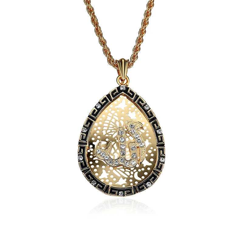 New Punk Geometric Round Waterdrop Heart Allah Necklaces Pendant For Women Men Crystal Long Necklace Arab Muslim Islam Jewelry