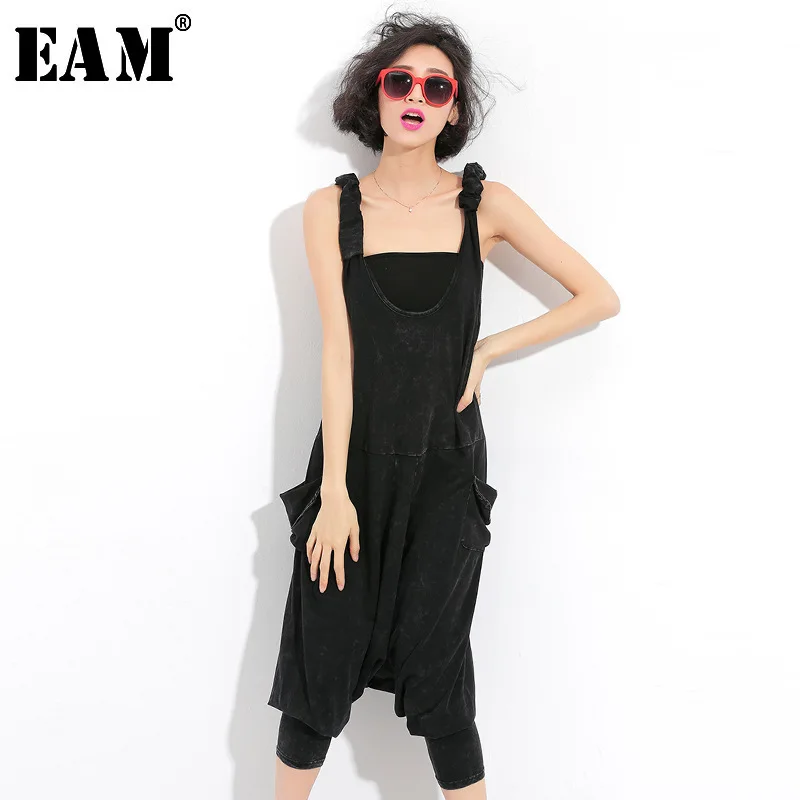 

[EAM] 2019 New Spring Summer Black Big Pocket Split Joint Loose Back Cross Bandage Denim Jumpsuits Women Fashion Tide JO515