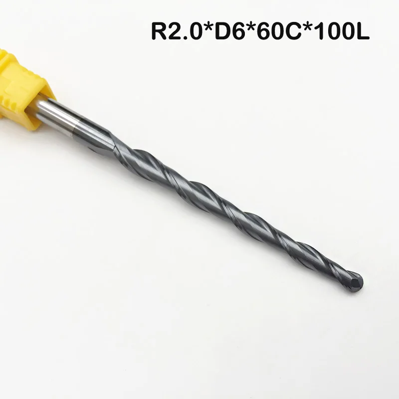 2pcs/lot R2.0*D6*60*100mmL*2F HRC55 long flute Tungsten carbide Coated Tapered Ball Nose End Mill cone type cnc milling cutter