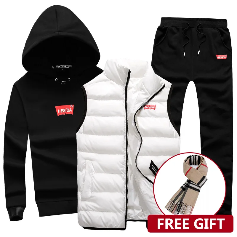 

3 in 1 Hoody Sweatshirt Men Pants Vest 3 Piece Warm Fleece Brand Hoodie For Men Set Coat Jogger Sports Suit Hooded Pullover Male