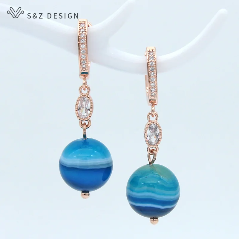 

S&Z New Round Blue Agates Round Natural Stone Dangle Earrings 585 Rose Gold Fashion Eardrop For Lady Girl Cute Daily Accessories