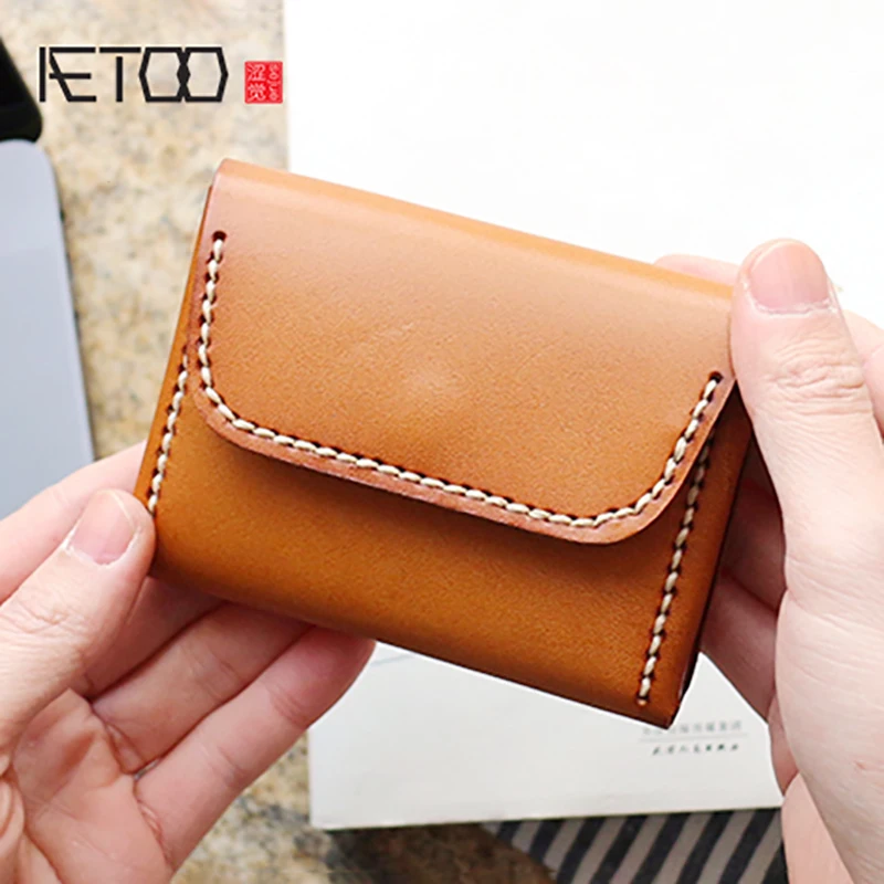 

AETOO Tanning cowhide Small card bag leather handmade stitching card bag female retro driver's license coin wallet