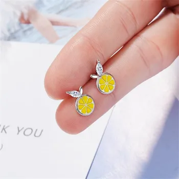 

New Creative Fashion Lemon Plant Temperament 925 Sterling Silver Jewelry Cute Fruit Leaf Crystal Women Gift Stud Earrings SE812