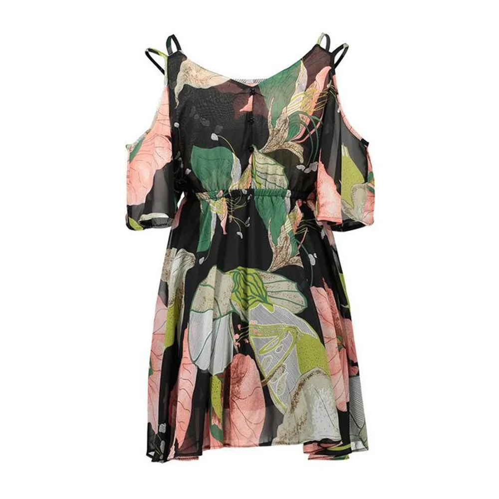 Casual Beach Dress Cold Shoulder ruffle print Summer dresses women High waist strap chiffon beach dress Boho party sexy dresses (8)